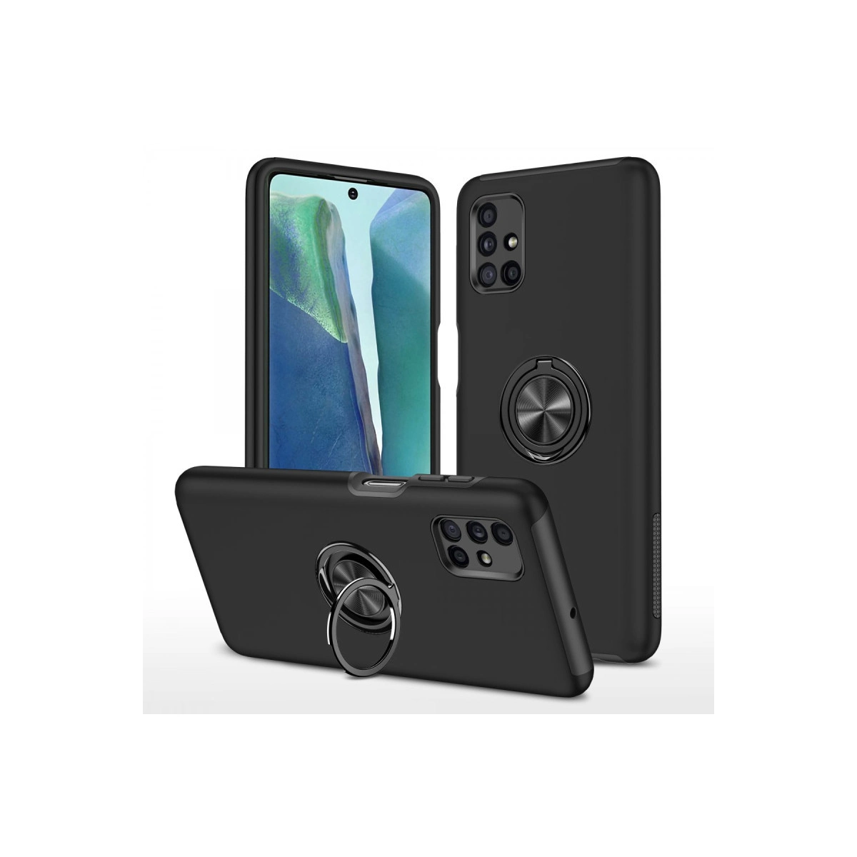 Halka tutuculu siyah telefon kılıfı, ön ve arka görünümler.