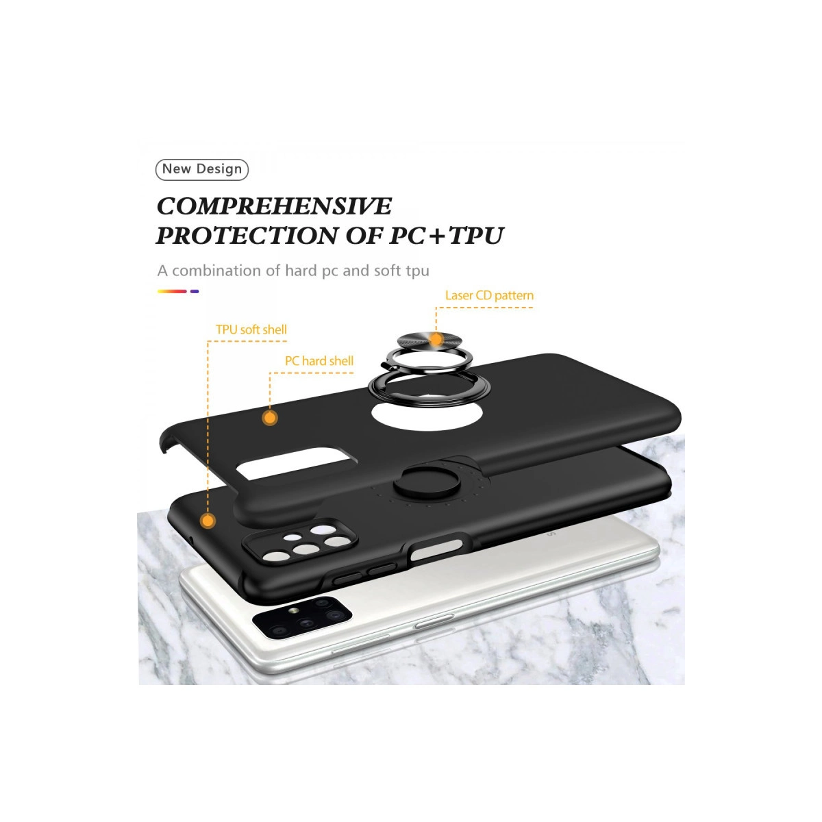 Beyaz bir telefon üzerinde halkalı siyah PC ve TPU telefon kılıfı.