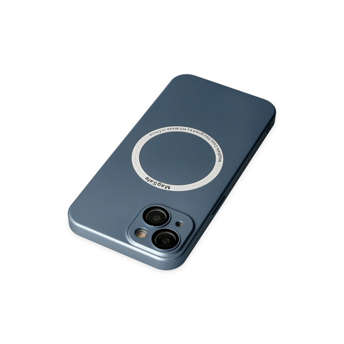 MagSafe halkalı ve iki kamera lensli koyu mavi telefon kılıfı.