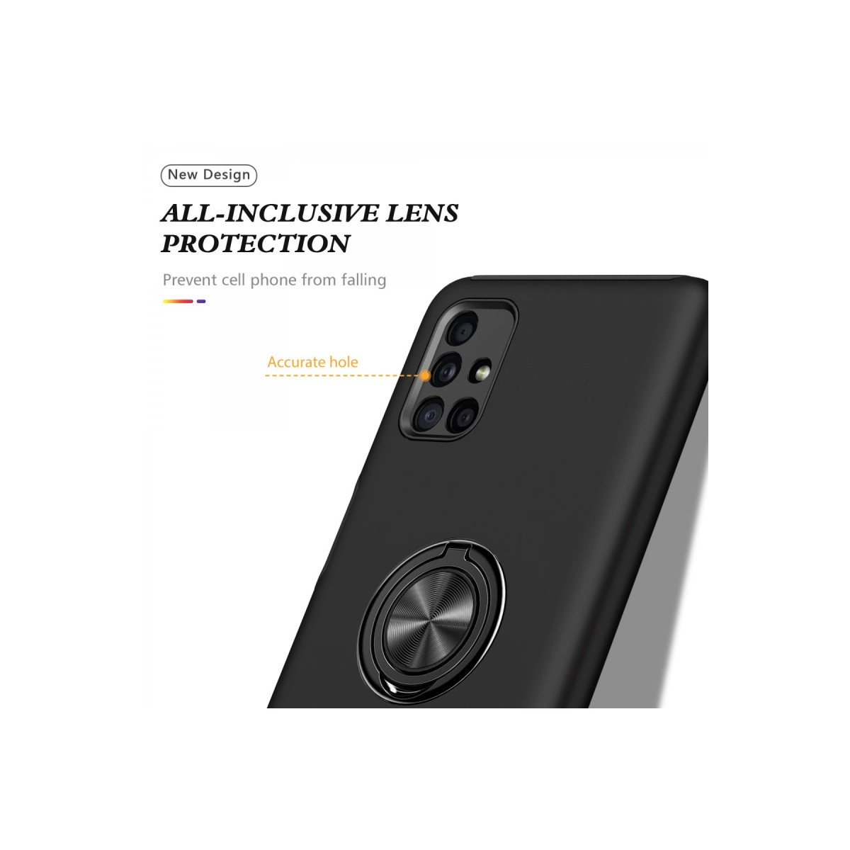 Entegre halkalı ve kamera delikli siyah telefon kılıfı.