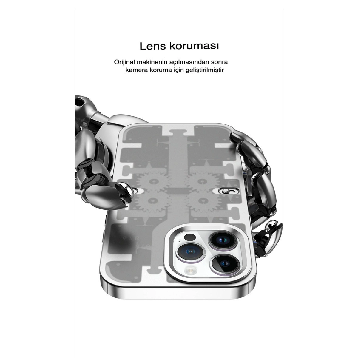 Robot eli, kamera korumalı bir telefon kılıfı tutuyor.