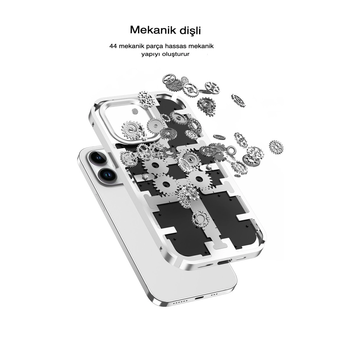 Gümüş akıllı telefondan çıkan dişliler. Mekanik hassasiyet.