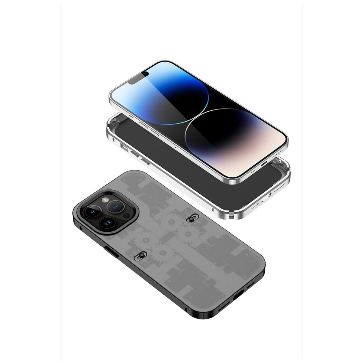 Görünür dişlileri olan gümüş iPhone, şeffaf kılıflı.