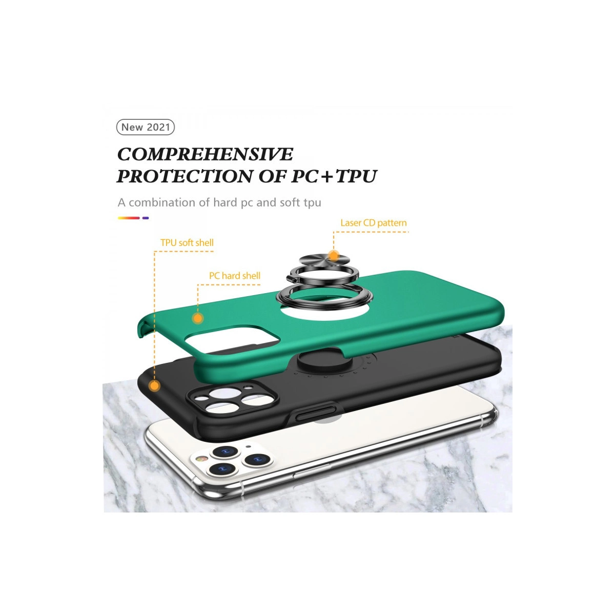 Halka tutuculu yeşil telefon kılıfı, PC ve TPU katmanları