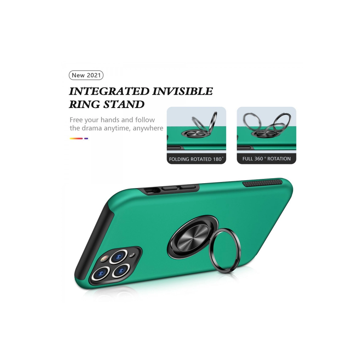 Entegre halka stantlı yeşil telefon kılıfı, 180° katlanabilir.