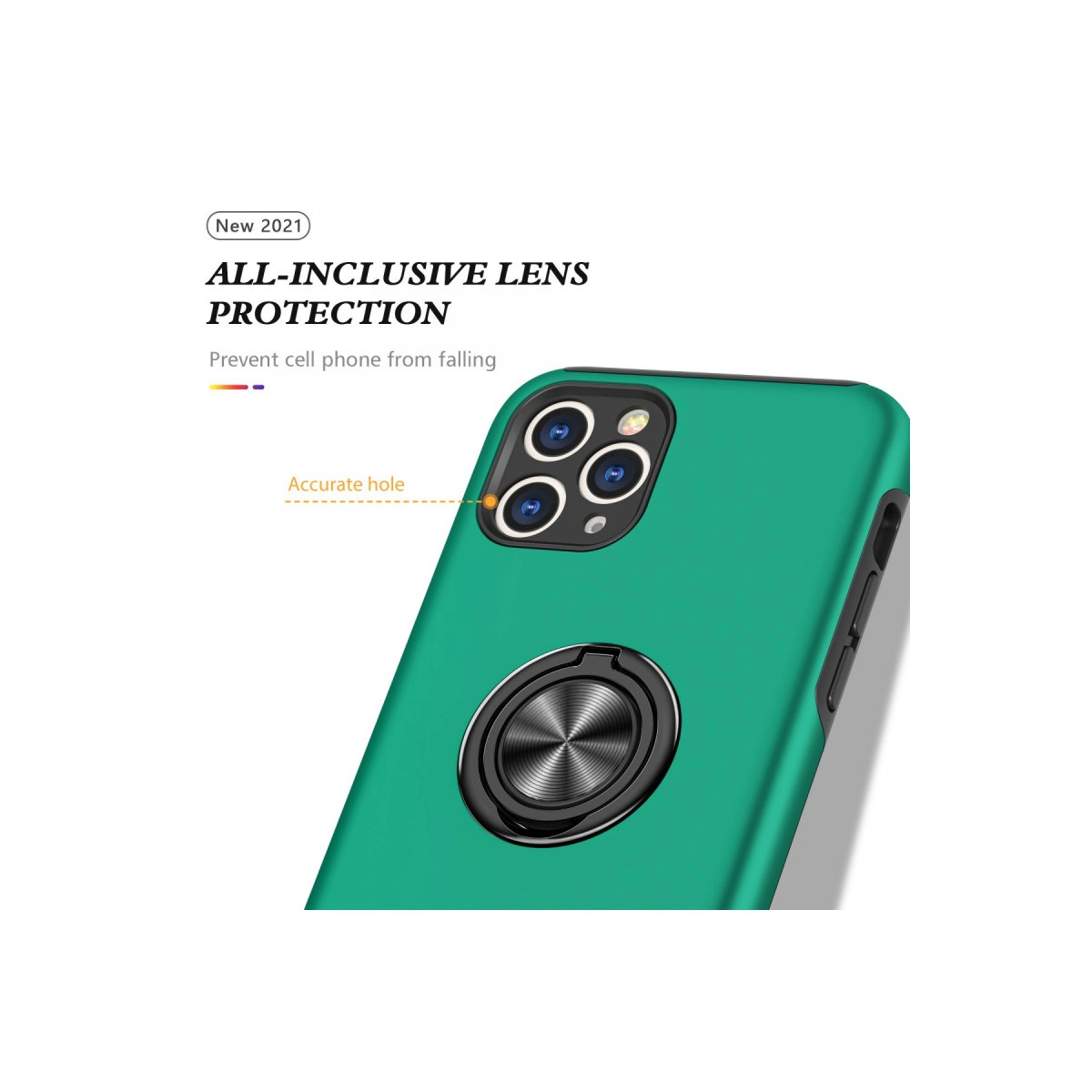 Kamera lens korumalı ve halka tutuculu yeşil telefon kılıfı.