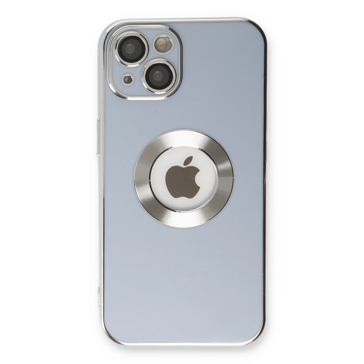 Gümüş kenarlı, üç kameralı, Apple logolu açık mavi iPhone.