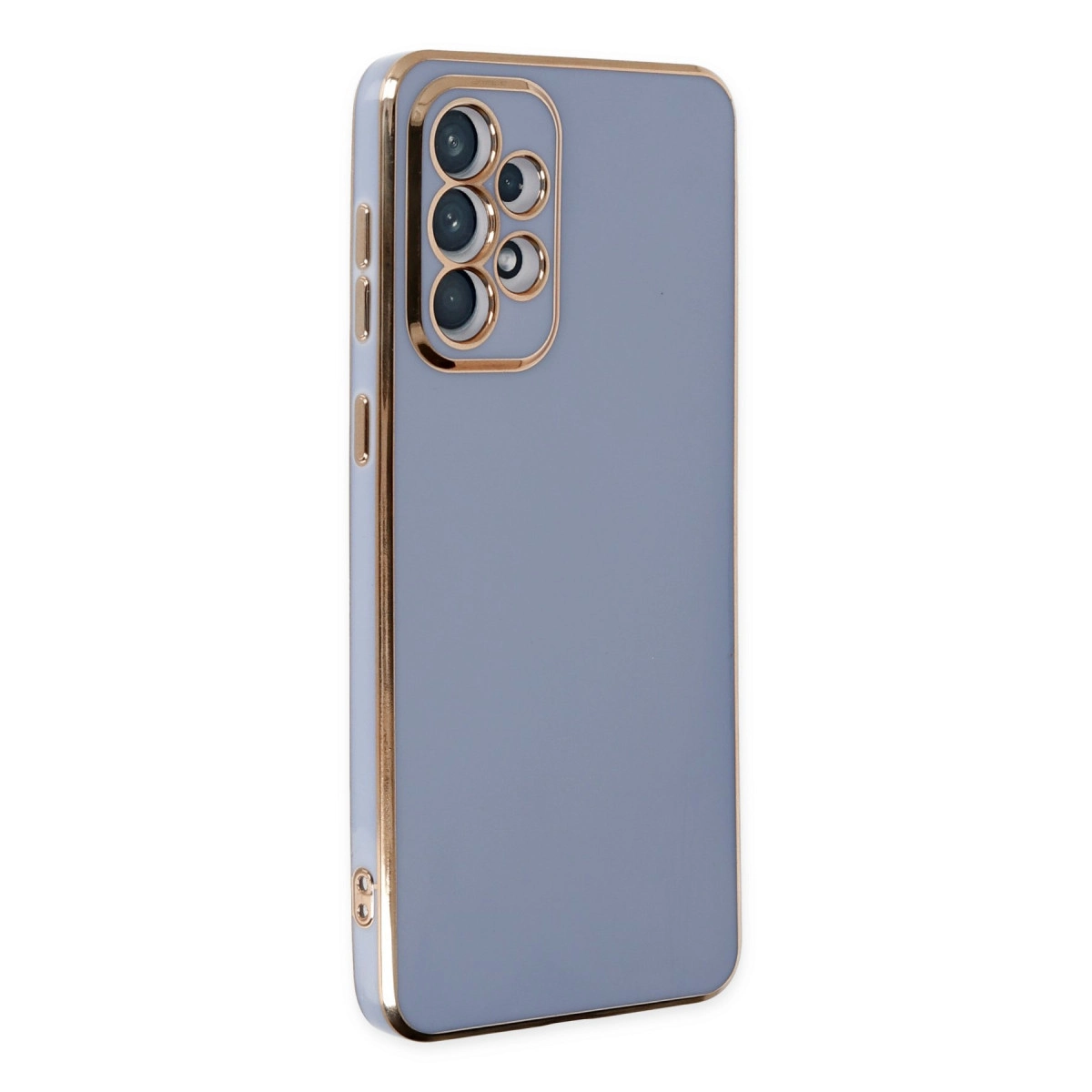 Altın kenarlı ve kamera kesimli açık gri telefon kılıfı.