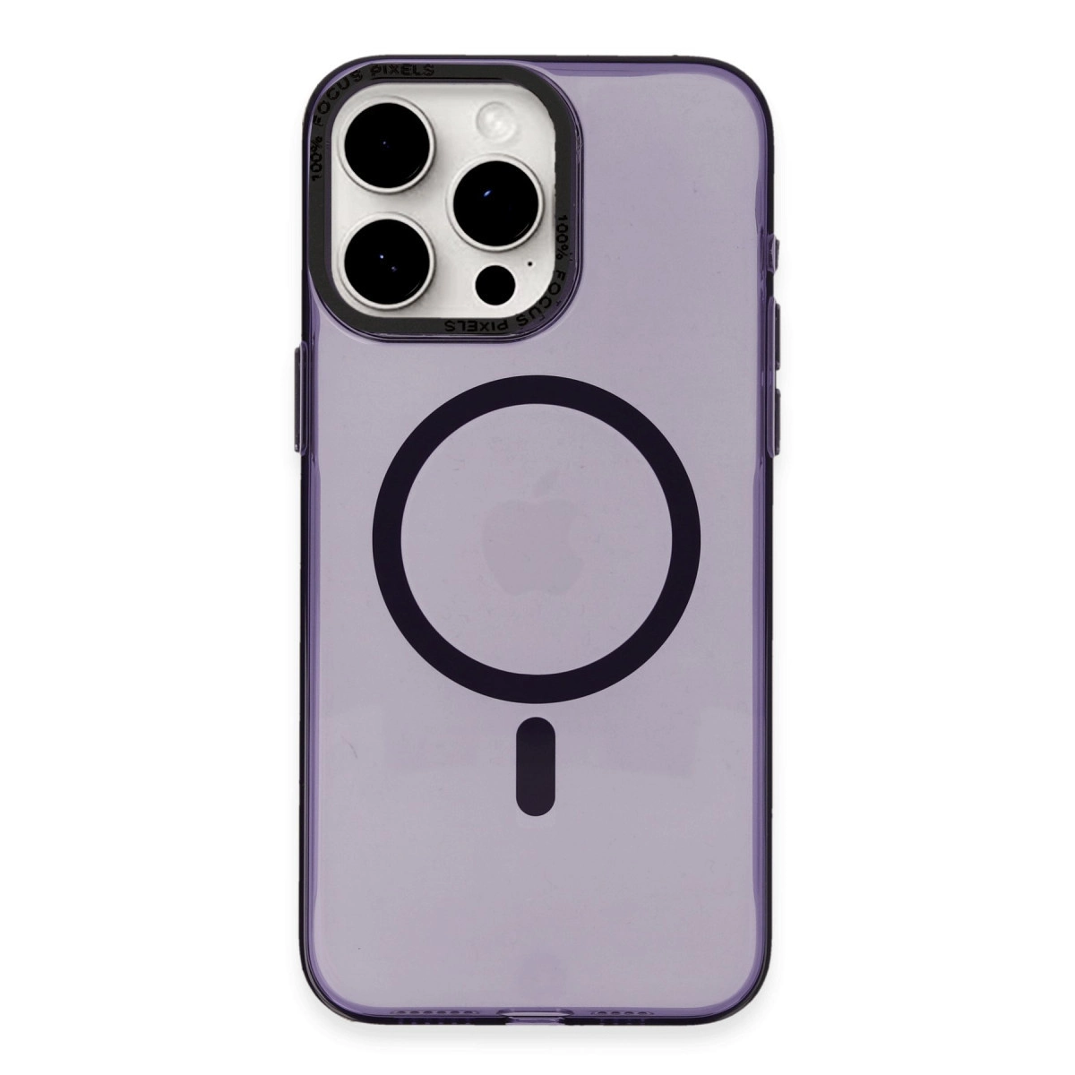 Kamera oyuntulu ve manyetik şarj halkalı mor yarı şeffaf telefon kılıfı.
