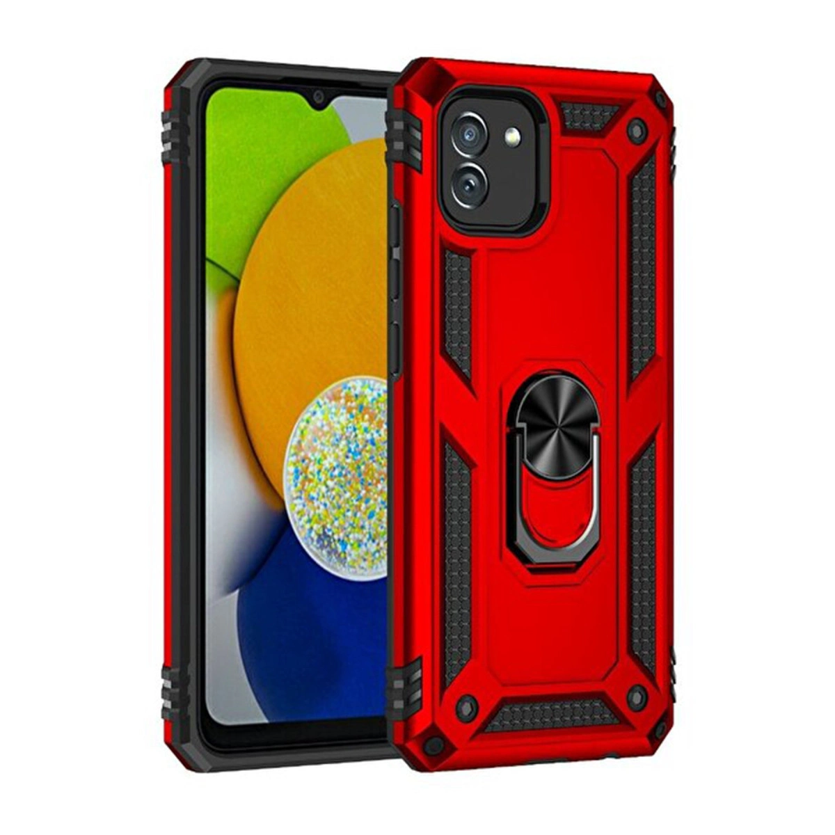 Halka tutuculu ve kamera modüllü kırmızı telefon kılıfı.