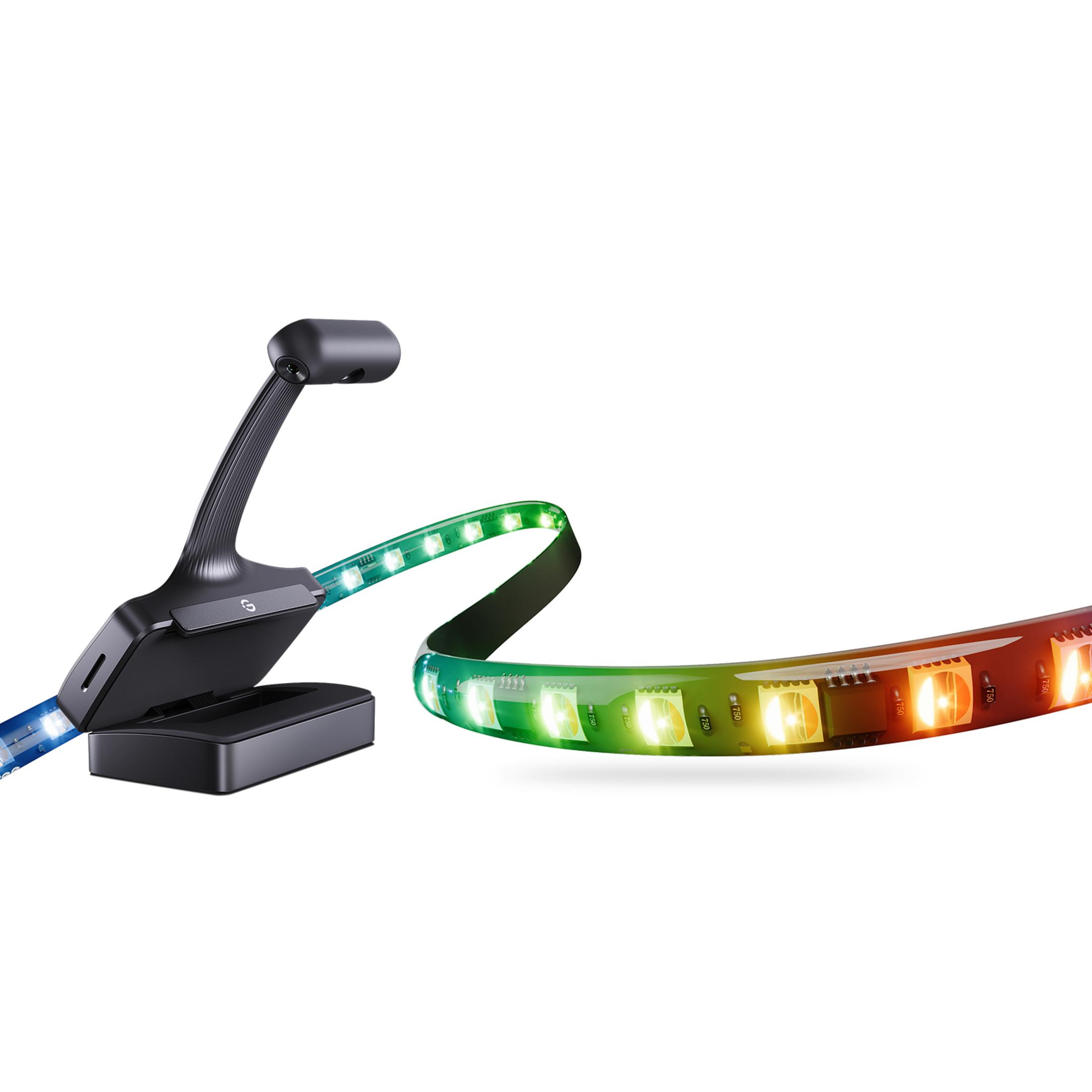 Un support noir avec un bras flexible tenant une bande lumineuse LED.