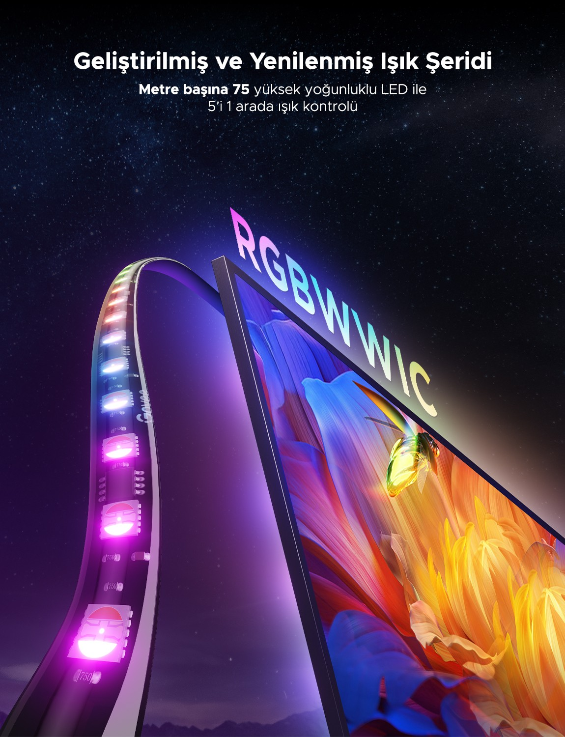 Une bande LED RGBWWIC flexible avec de nombreuses LED brille en violet à côté d'un moniteur.
