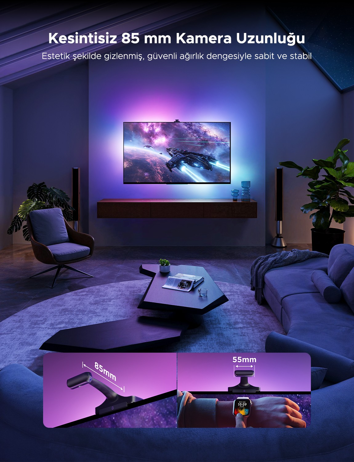 Un salon moderne avec une télévision affichant un vaisseau spatial.