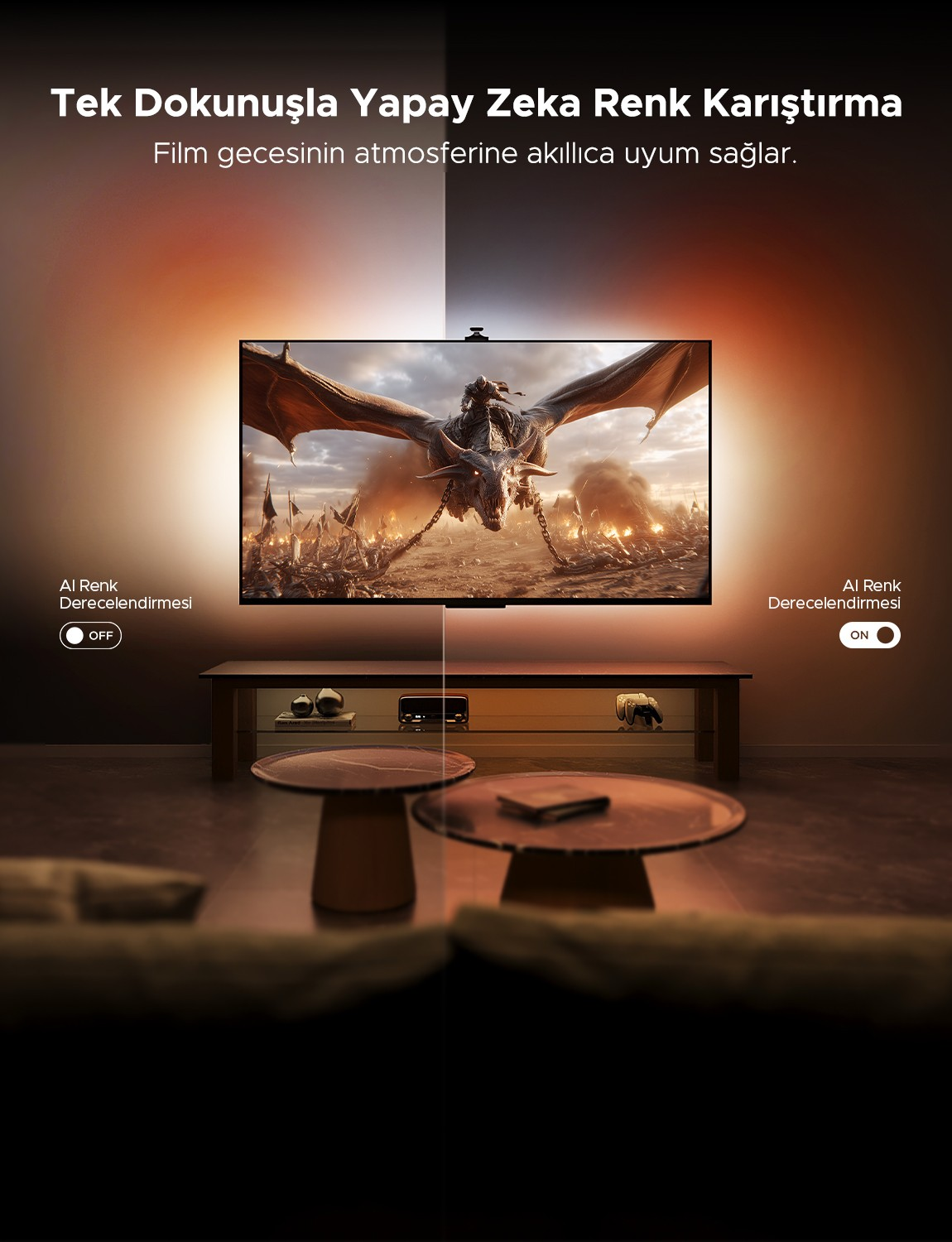 Un dragon vole au-dessus d'une scène de bataille sur un écran de télévision. Réglage des couleurs IA.