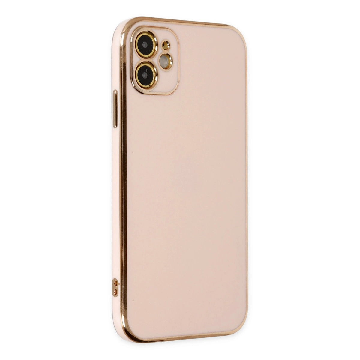 Altın kenarlı ve iki kamera lensli pembe telefon kılıfı.
