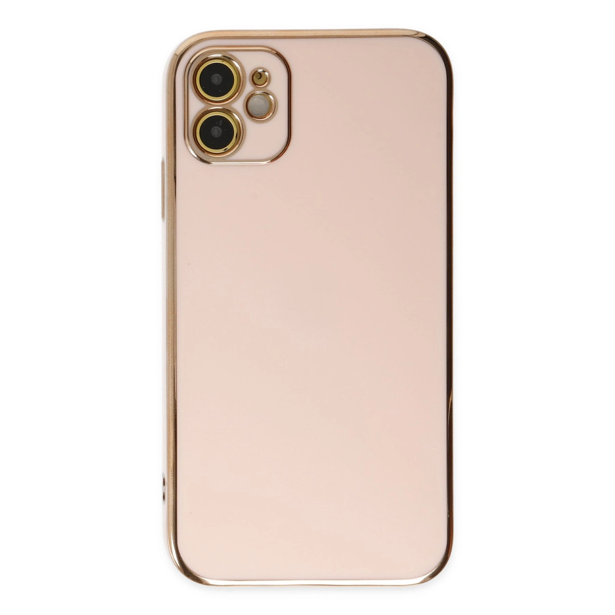 İki kameralı ve flaşlı, rose gold rengi telefon kılıfı.