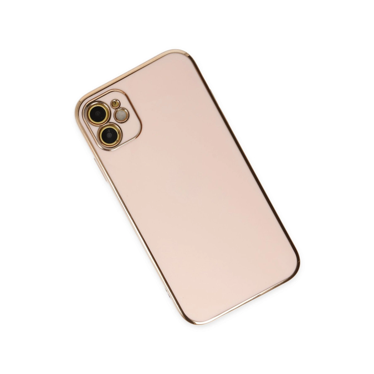 Üç kamera lensli ve altın kenarlıklı, rose altın rengi telefon kılıfı.