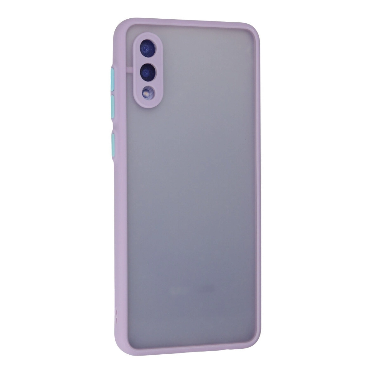 Mat gri arka ve üç kamera lensli mor telefon kılıfı.