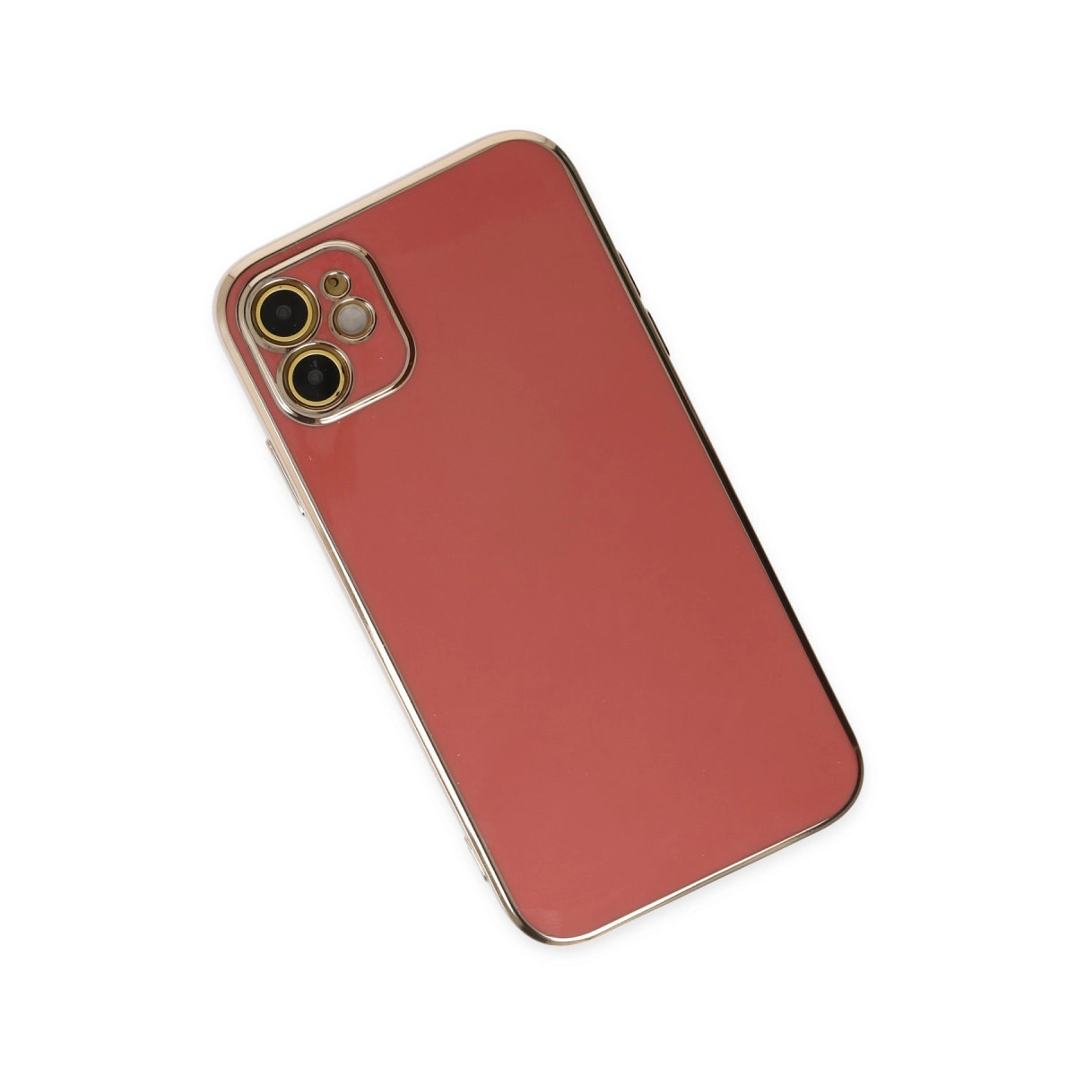 Beyaz arka plan üzerinde altın çerçeveli ve kamera modüllü mercan kırmızısı telefon.