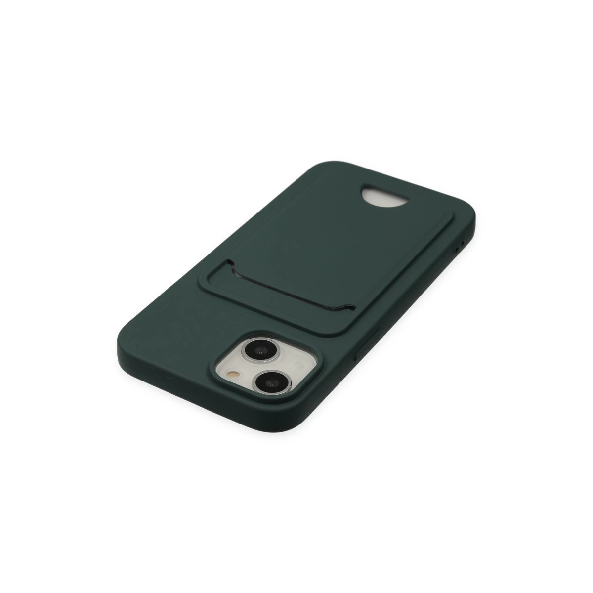 Koyu yeşil telefon kılıfı, kart yuvası ve kamera kesiği.