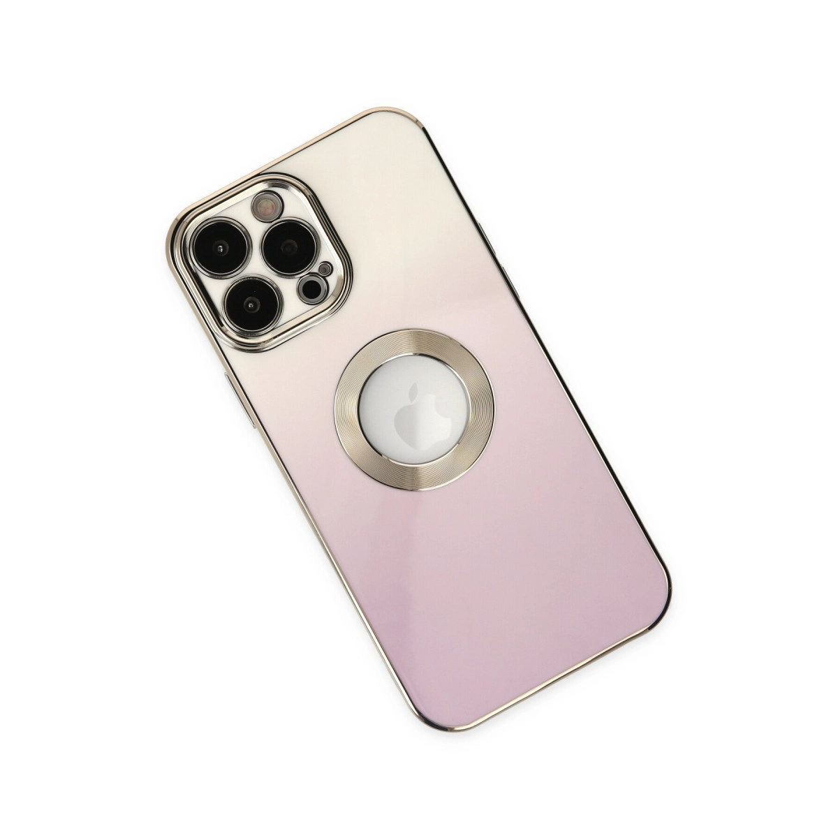 Kamera modülü ve Apple logolu halkası olan pembe iPhone kılıfı.