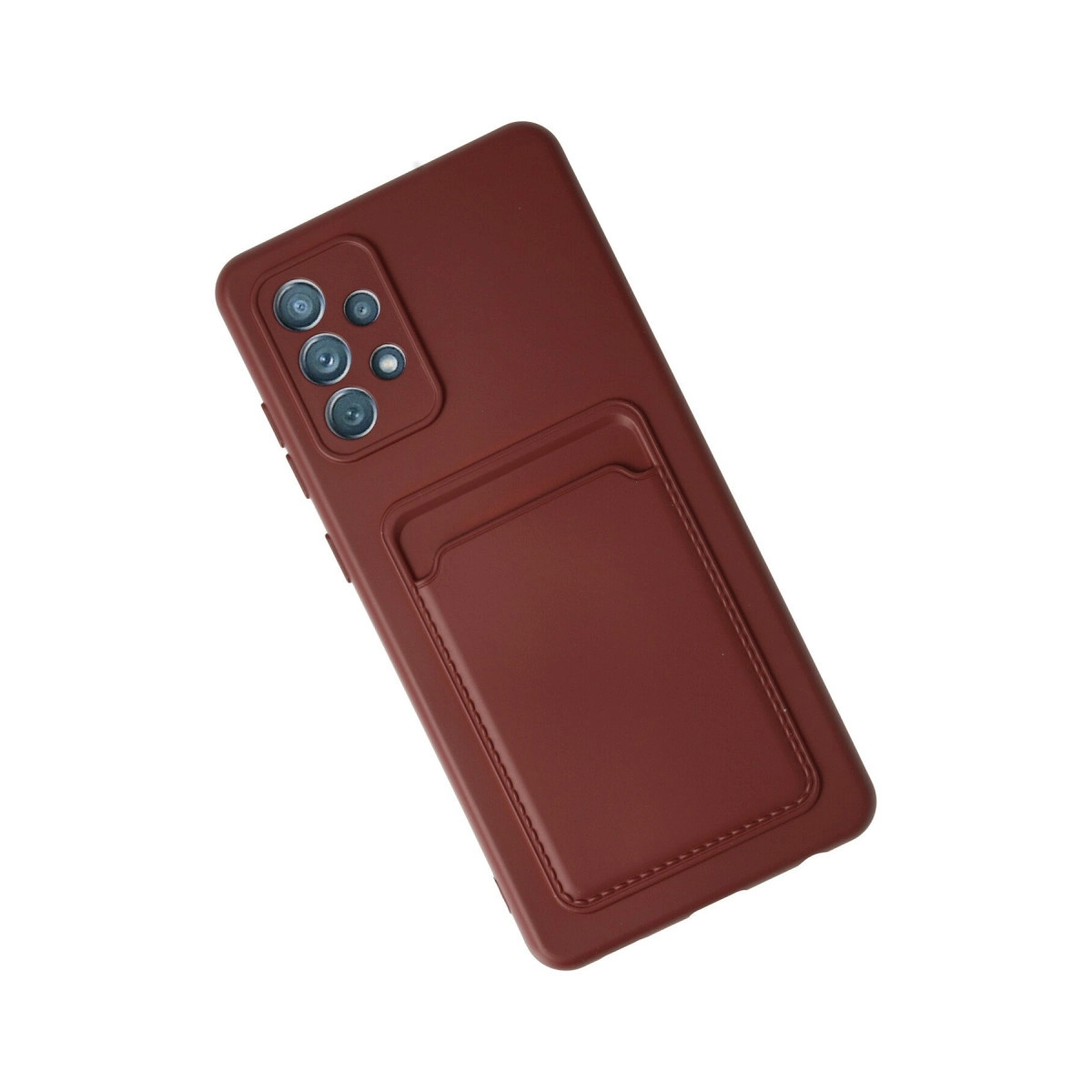 Kart yuvalı ve kamera modüllü koyu kırmızı telefon kılıfı.