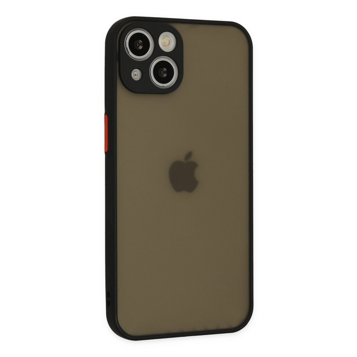 Apple logosu ve siyah çerçeveli koyu gri iPhone kılıfı.