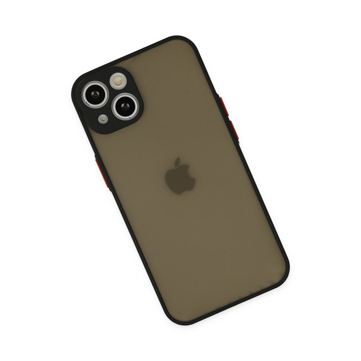 Siyah kenarlı ve kırmızı düğmeli, dumanlı kahverengi iPhone kılıfı.