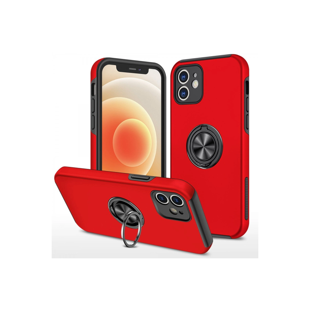 Beyaz arka plan üzerinde halka tutuculu üç kırmızı iPhone kılıfı.