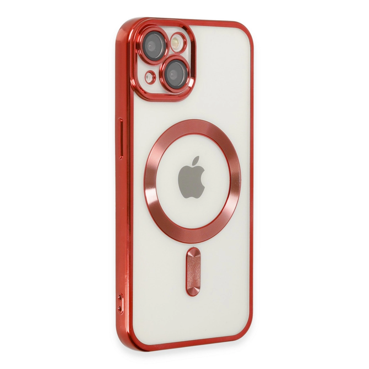 Şeffaf arka ve Apple logosuna sahip kırmızı iPhone kılıfı.