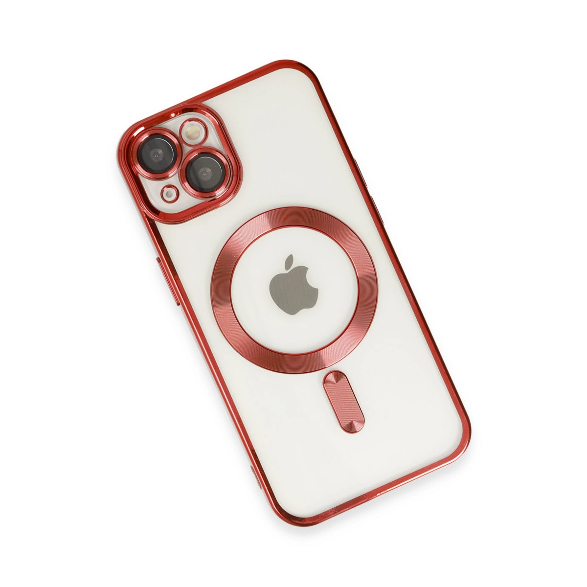 Kırmızı kenarlı şeffaf kılıf, kamera ve Apple logosu.