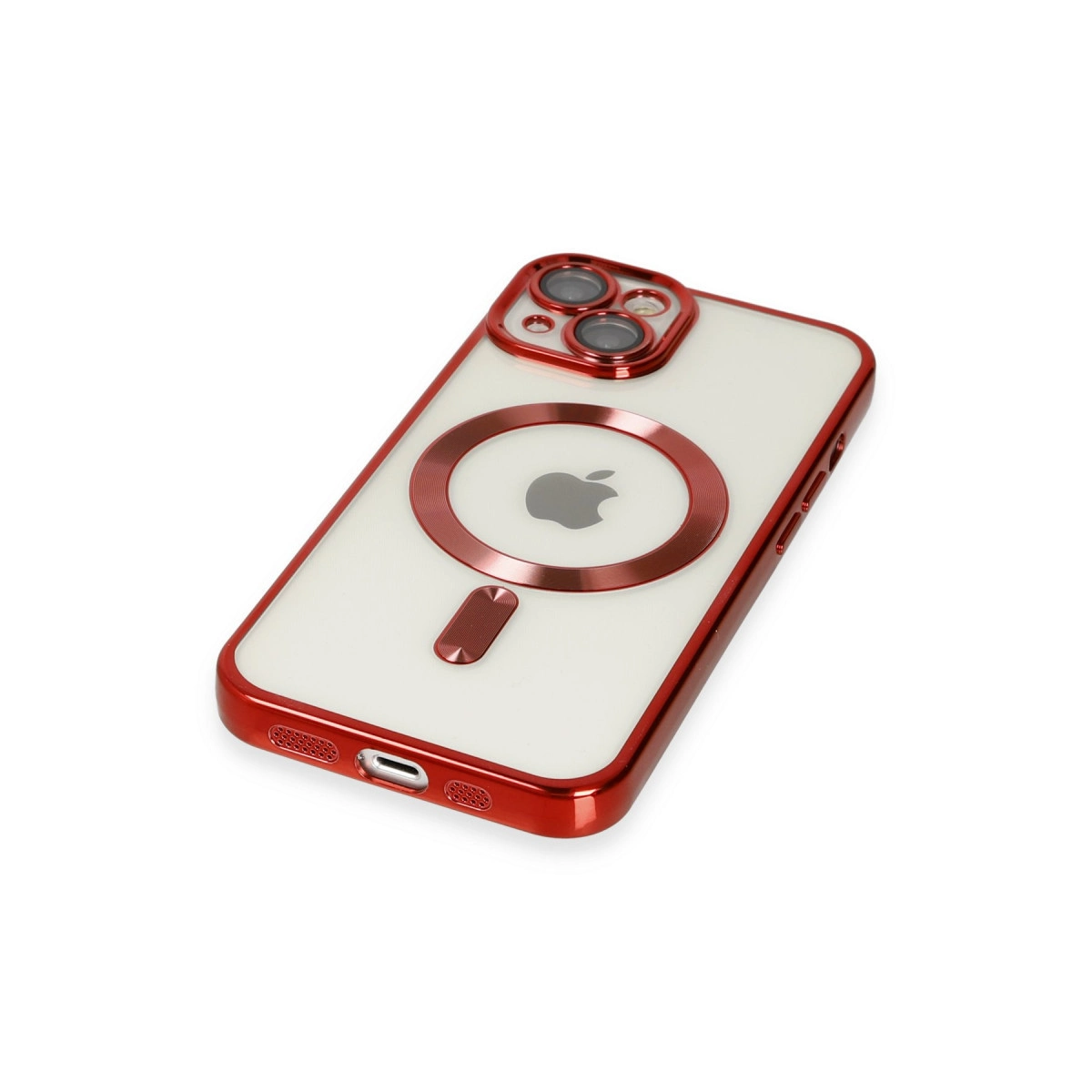 Kırmızı metalik iPhone kılıfı, şeffaf arka ve kamera çıkıntısı.