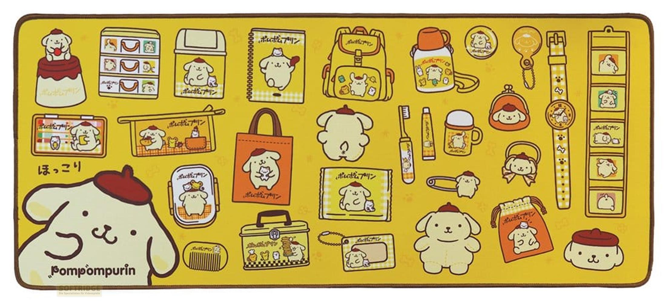 Gelber Hintergrund mit vielen Pompompurin-Artikeln: Rucksack, Becher, Uhr, Tasche.