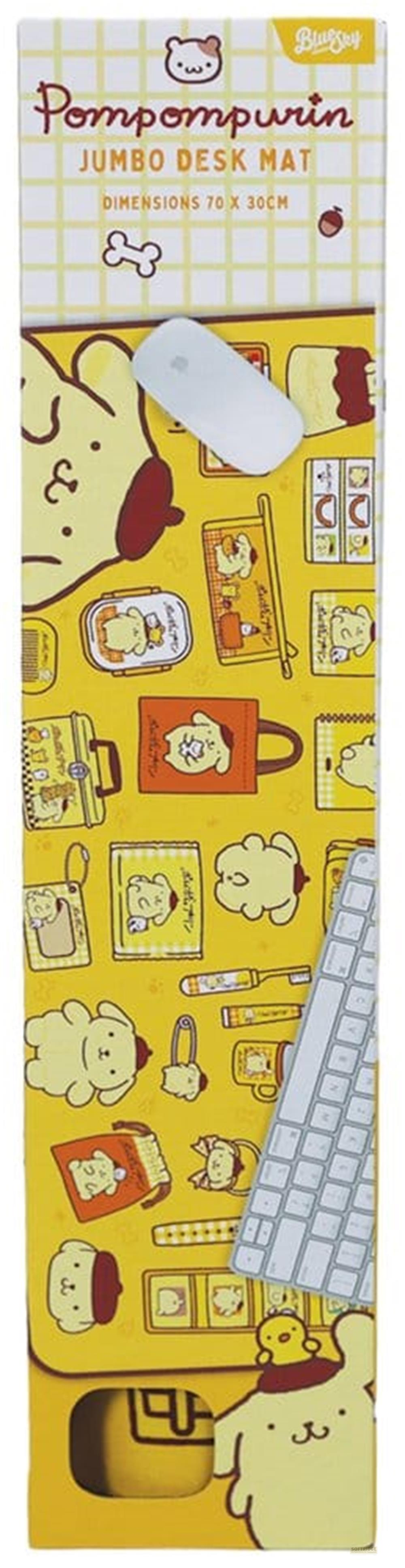 Gelbe Pompompurin-Schreibtischunterlage mit vielen kleinen Bildern von Pompompurin und Zubehör.