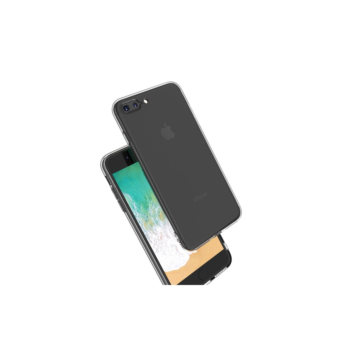 Beyaz arka plan önünde açılı duran şeffaf kılıflı iki siyah iPhone.