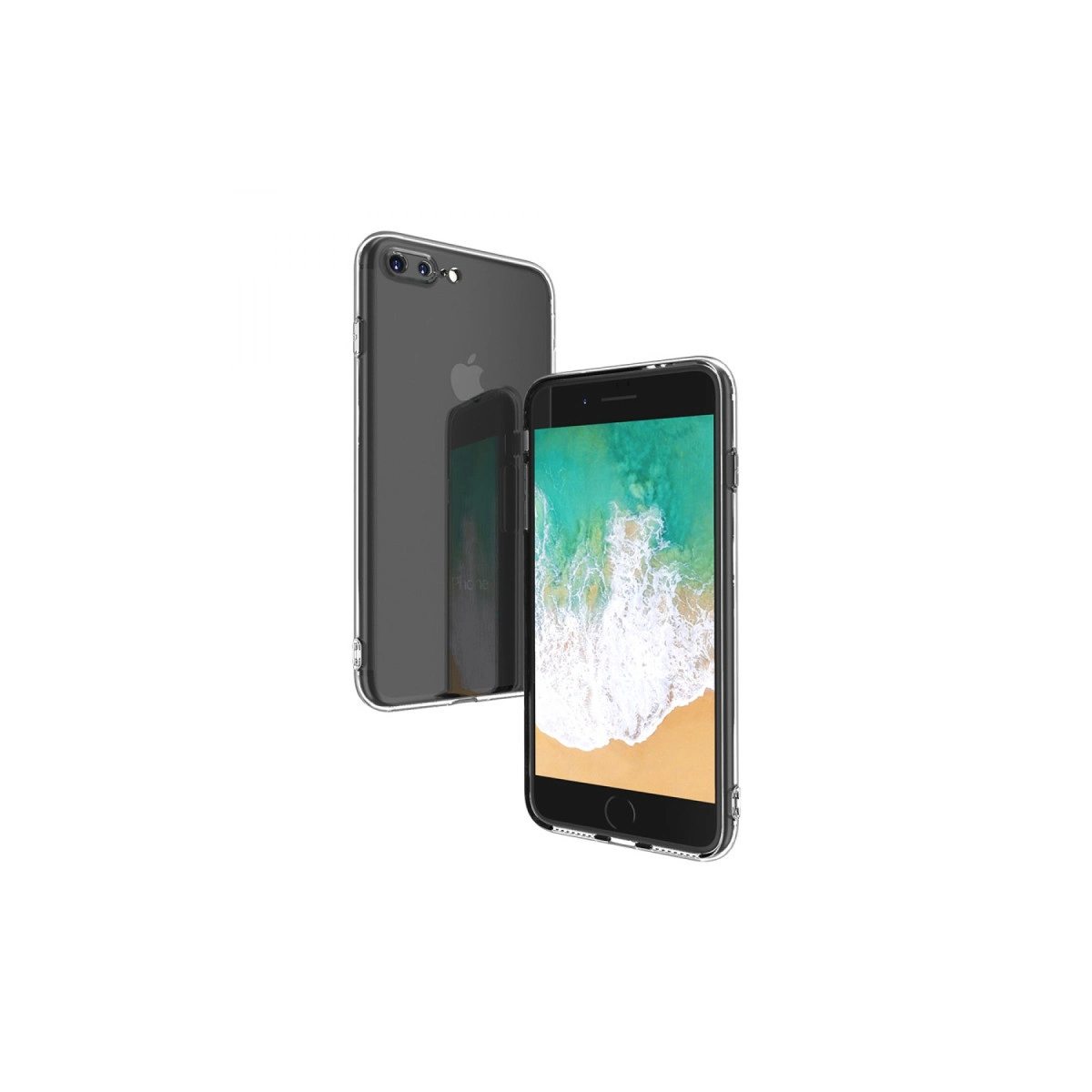 Arkadan ve önden görünüşlü iki şeffaf iPhone kılıfı, plaj duvar kağıdı gösteriyor.