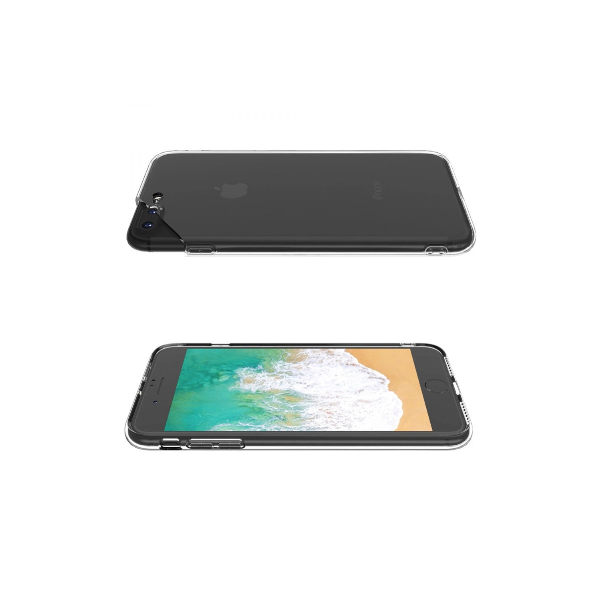 Üst ve alt görünümlerde siyah telefonla gösterilen şeffaf iPhone kılıfı.