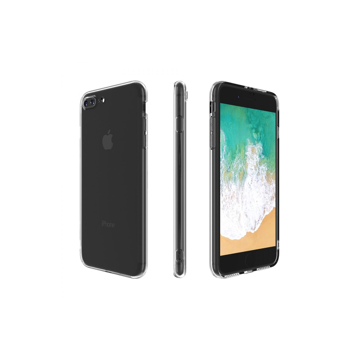 Şeffaf kılıfta siyah bir iPhone, önden, arkadan ve yandan görünümler.