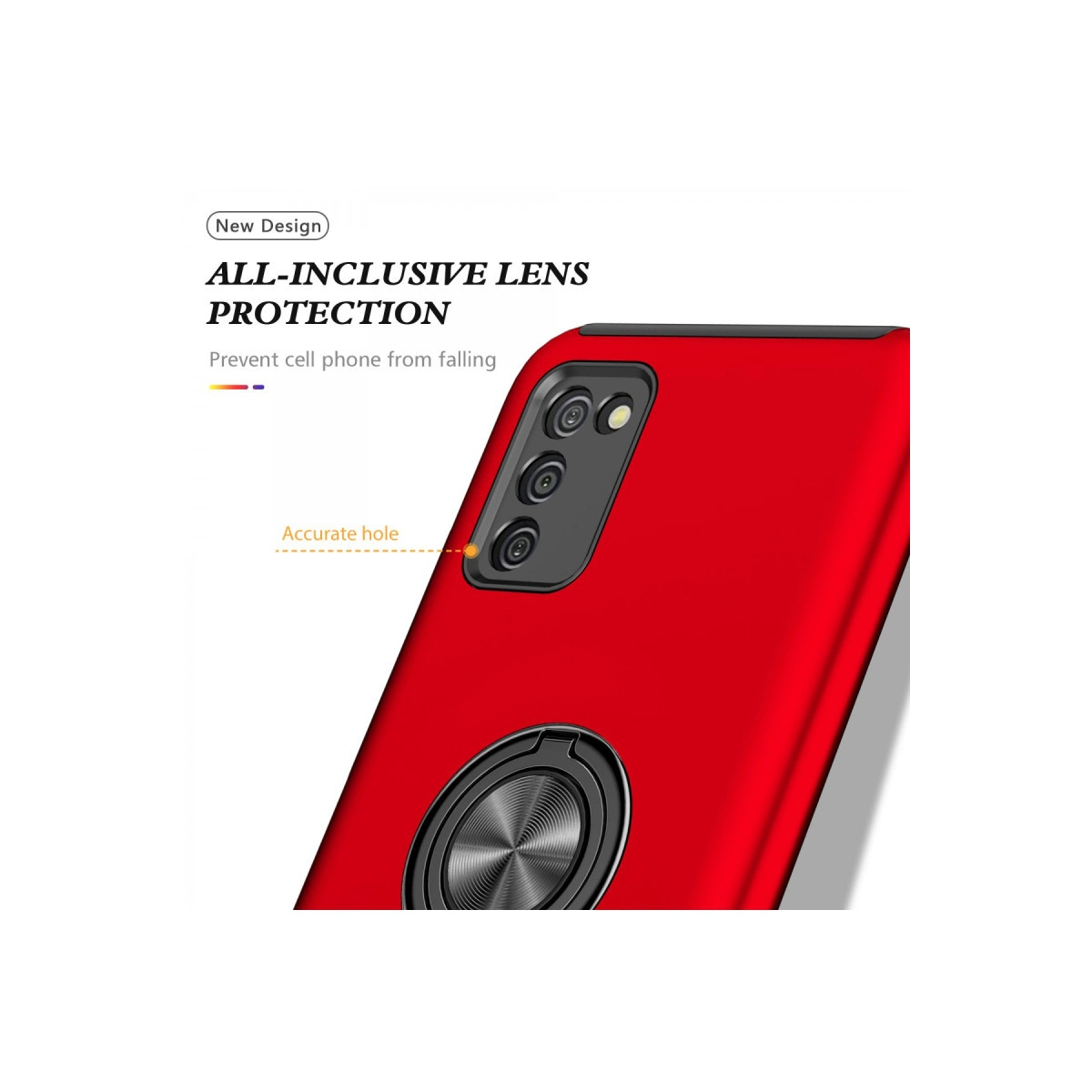 Kamera lens korumalı ve halka tutuculu kırmızı telefon kılıfı.