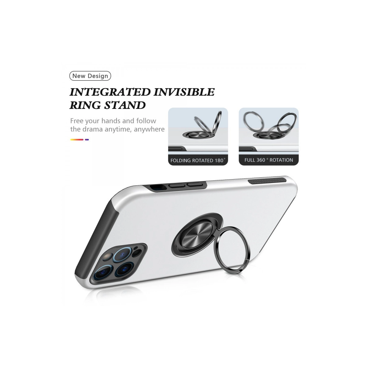 Entegre halka stantlı gümüş telefon kılıfı.
