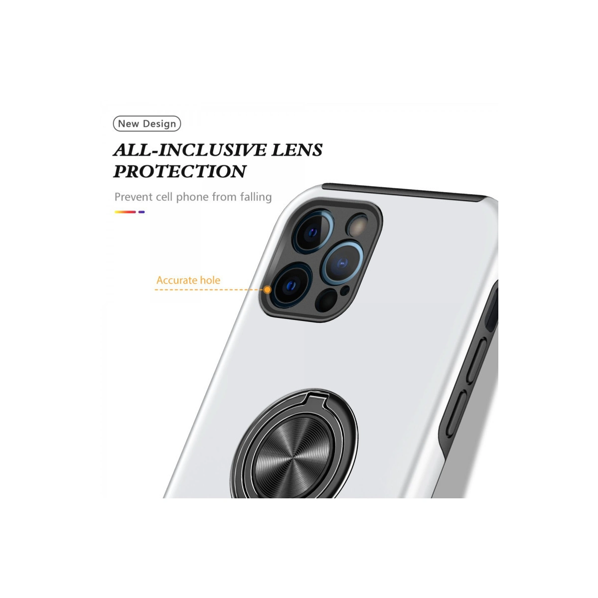 Lens korumalı, halka tutuculu beyaz telefon kılıfı, yakın çekim.