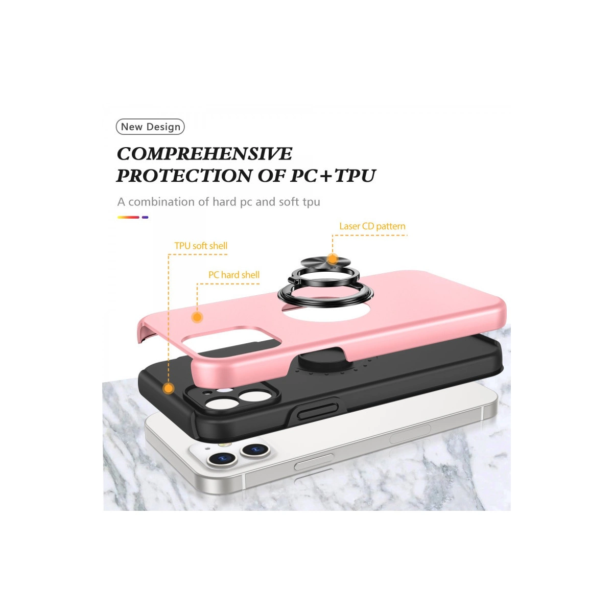 Pembe telefon kılıfı katmanları: TPU, PC, halkalı tutucu. Patlatılmış görünüm.
