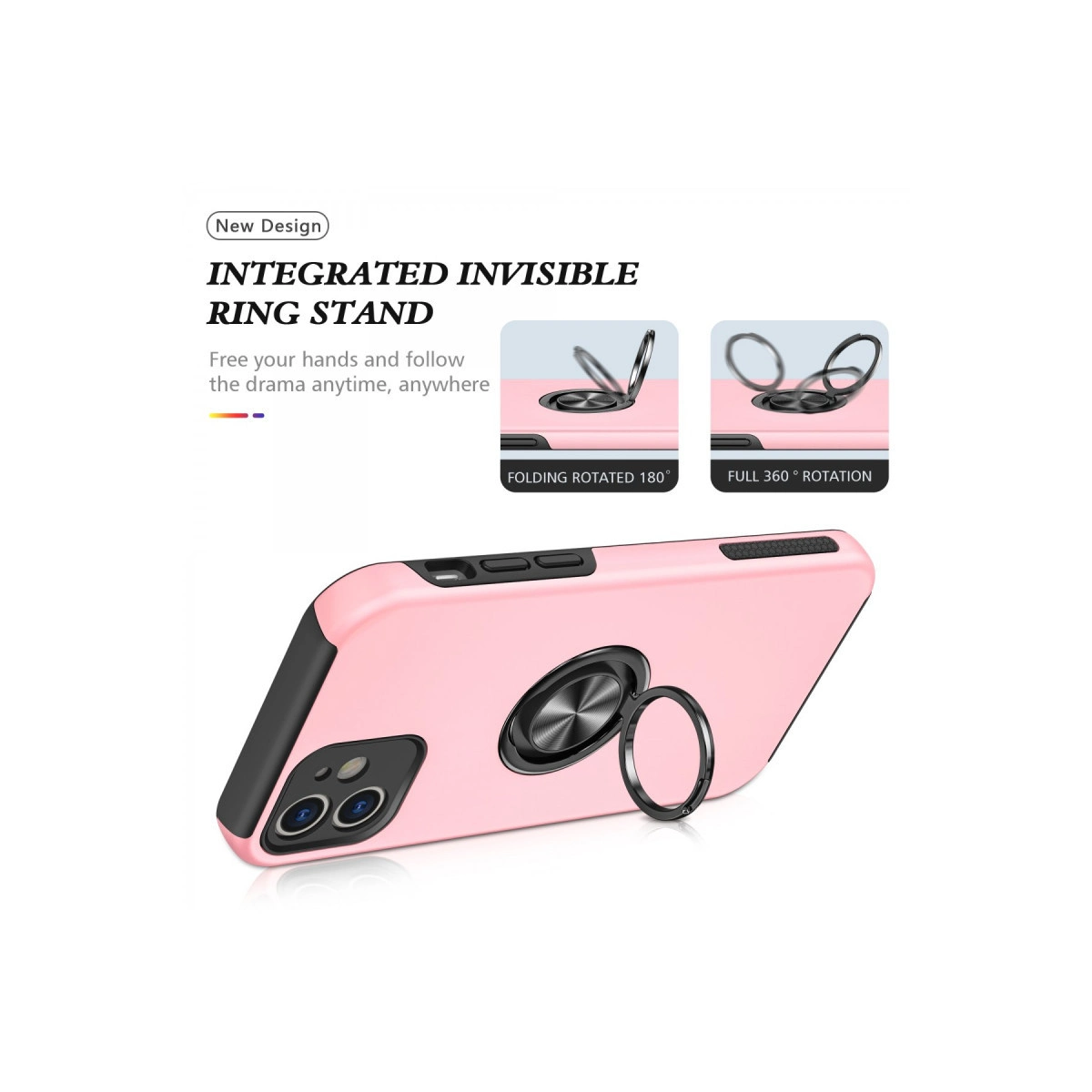 Entegre halkalı stantlı pembe telefon kılıfı.
