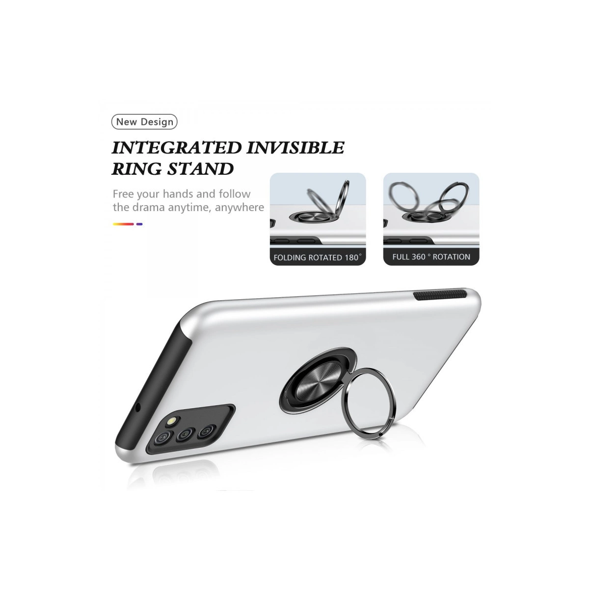 Entegre halka stantlı gümüş telefon, 180° katlanabilir ve 360° dönebilir.