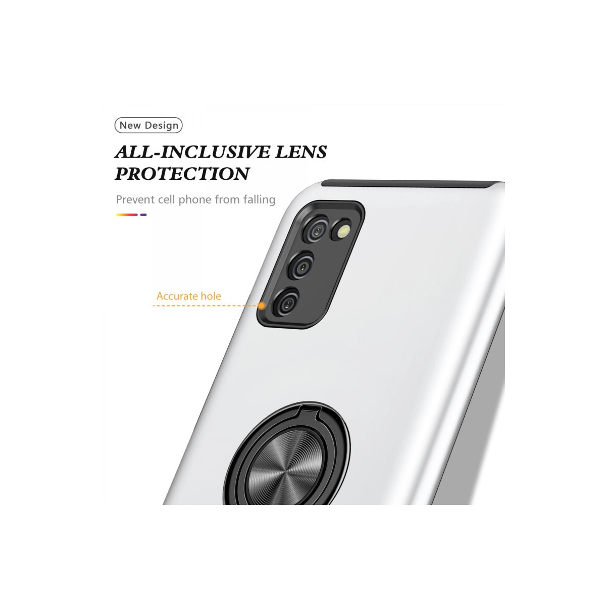 Lens korumalı, halka tutuculu ve hassas delikli beyaz telefon kılıfı.