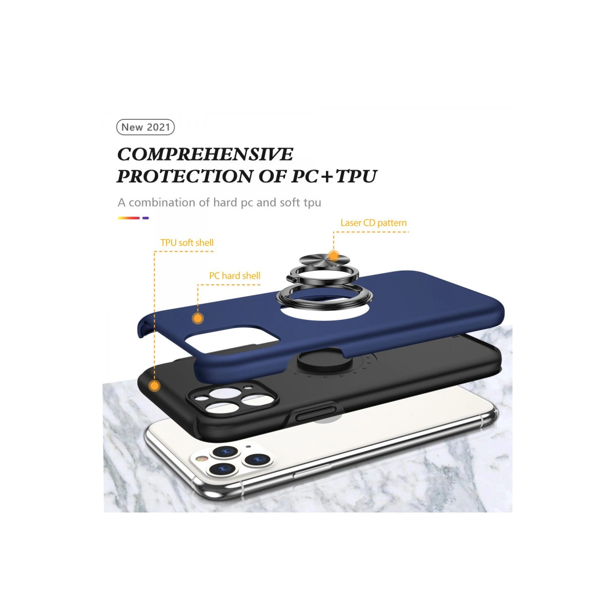 PC sert kabuk, TPU yumuşak kabuk ve halka tutucuyu gösteren telefon kılıfının patlatılmış görünümü.