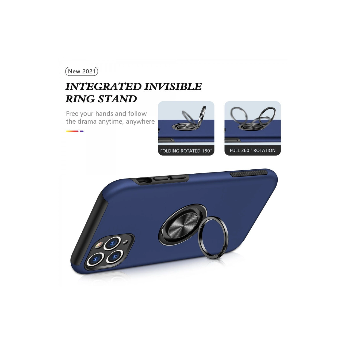 Entegre halka standlı lacivert telefon kılıfı, 180° ve 360° dönebilir.