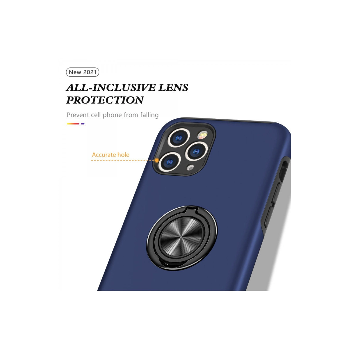 Halka tutuculu ve lens korumalı lacivert telefon kılıfı.