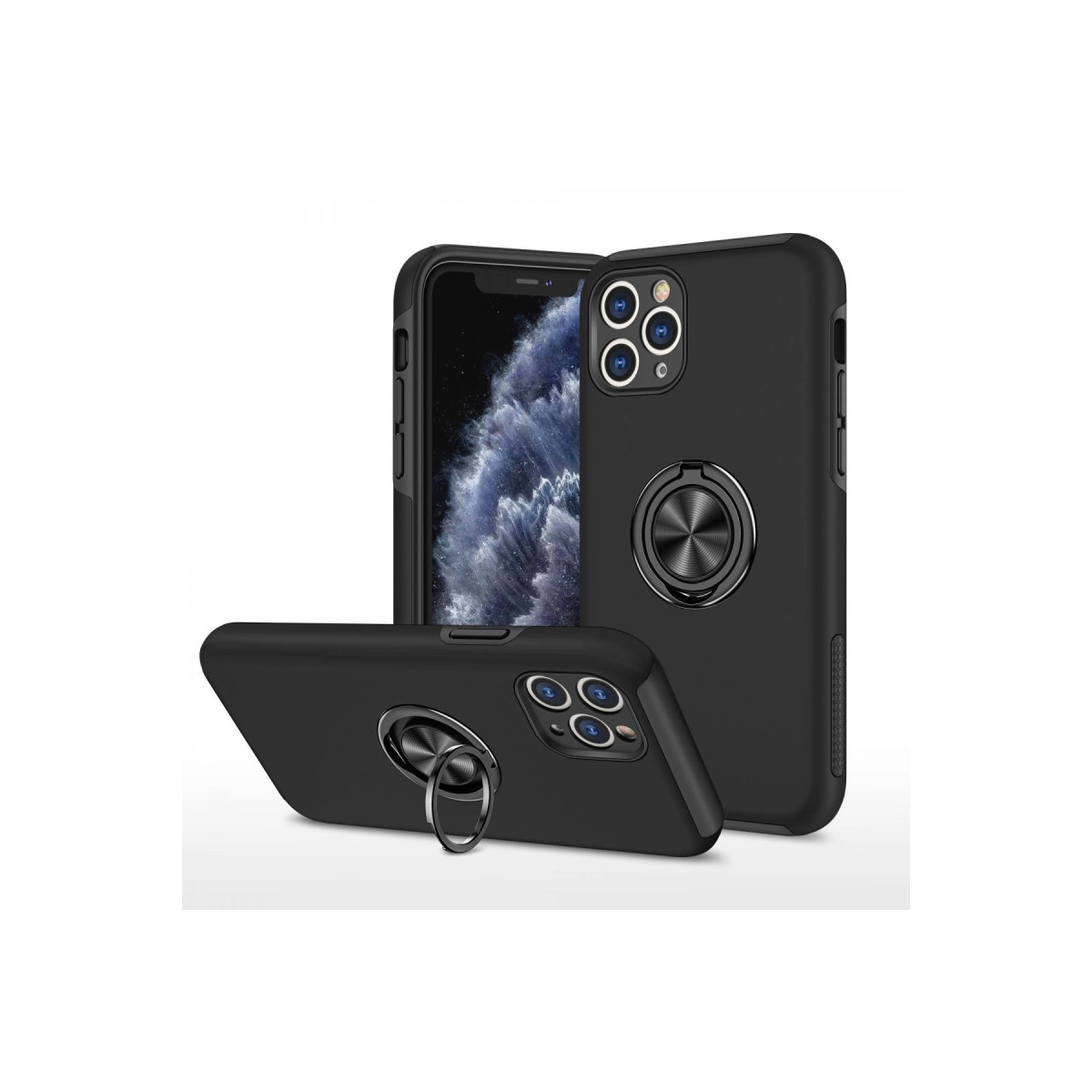 Siyah telefon kılıfları, halka tutucular ve kamera çıkıntısı beyaz arka planda.