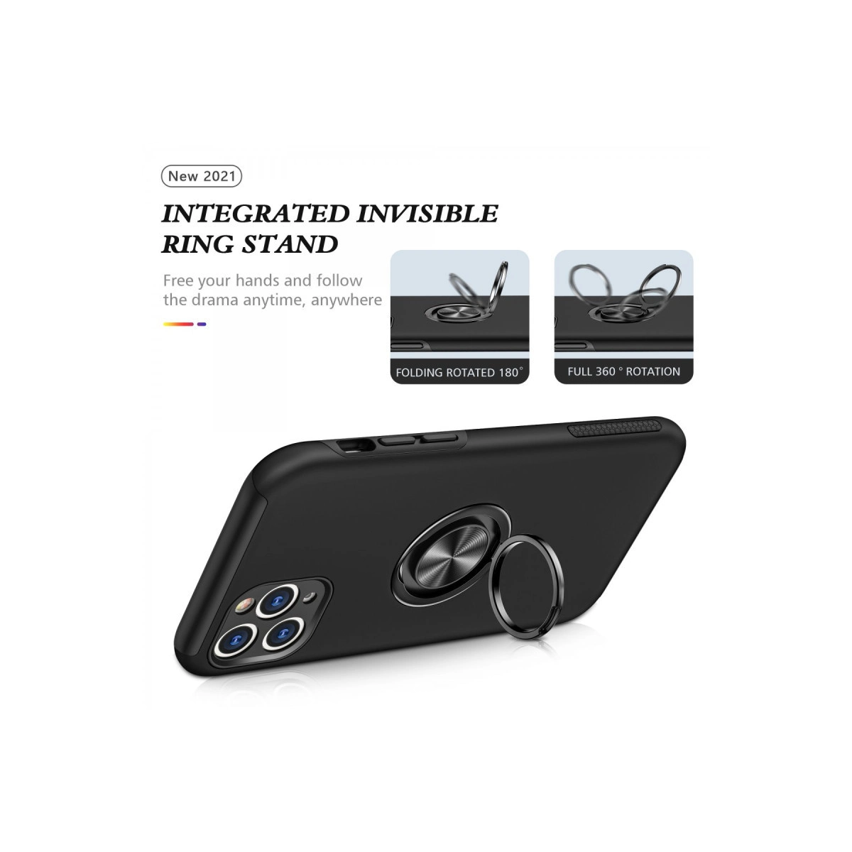 Entegre halka stantlı siyah telefon kılıfı, 360 derece dönebilir.